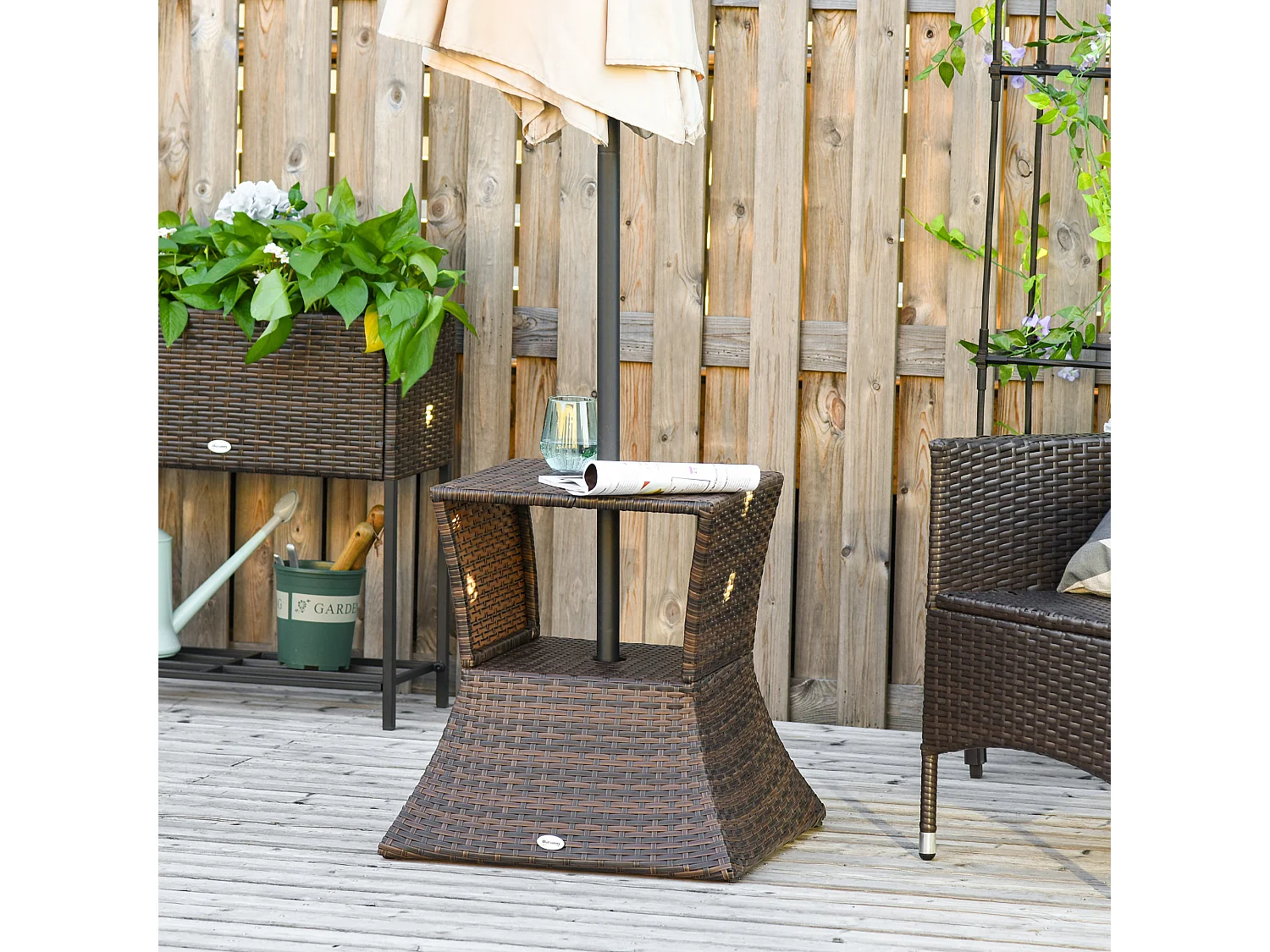 Tuintafel met parasolvoet, polyrotan en metaal, bruin, multifunctioneel (54x54x55cm)