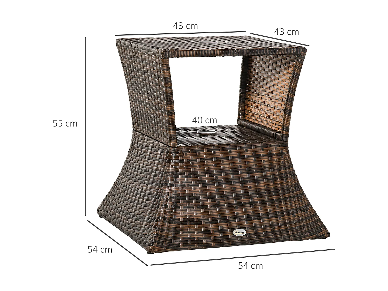 Tuintafel met parasolvoet, polyrotan en metaal, bruin, multifunctioneel (54x54x55cm)