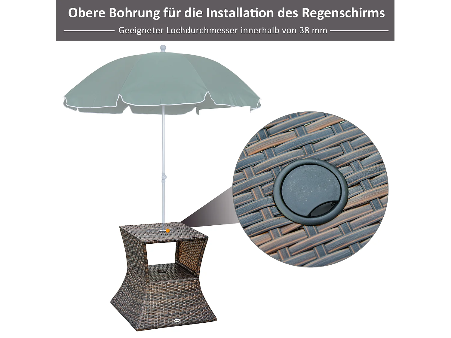 Tuintafel met parasolvoet, polyrotan en metaal, bruin, multifunctioneel (54x54x55cm)