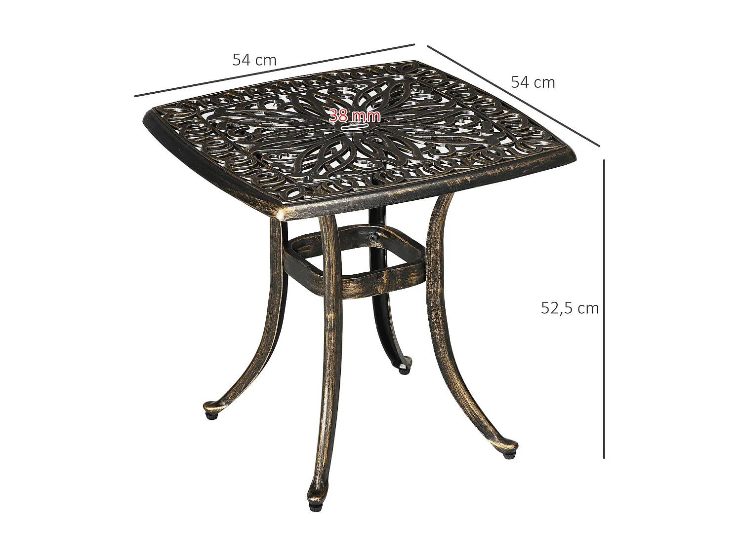 Table d'appoint extérieure avec trou pour parasol, aluminium, finition bronze (54x54x52.5 cm)