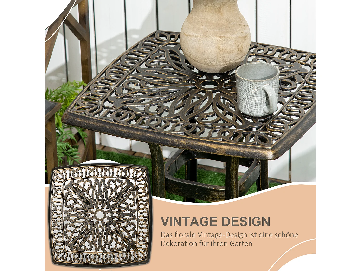 Table d'appoint extérieure avec trou pour parasol, aluminium, finition bronze (54x54x52.5 cm)