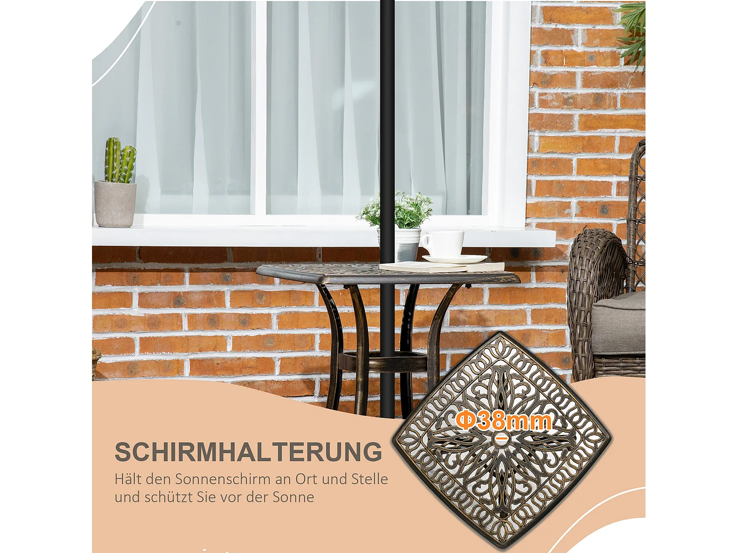 Table d'appoint extérieure avec trou pour parasol, aluminium, finition bronze (54x54x52.5 cm)