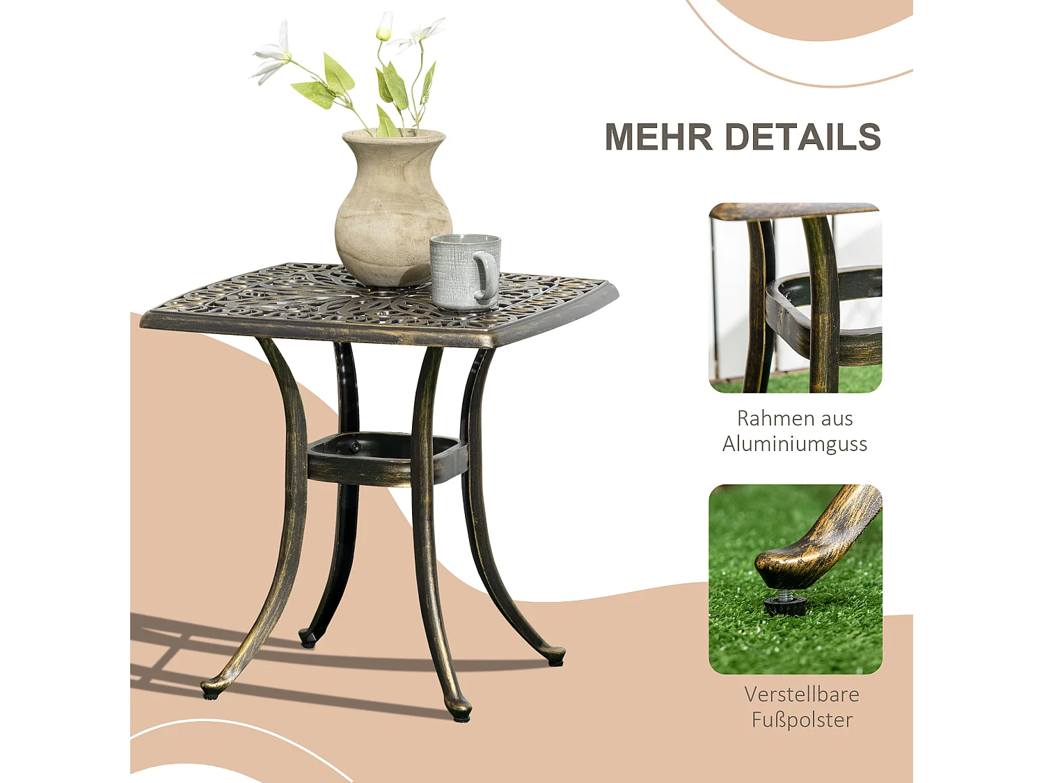 Table d'appoint extérieure avec trou pour parasol, aluminium, finition bronze (54x54x52.5 cm)