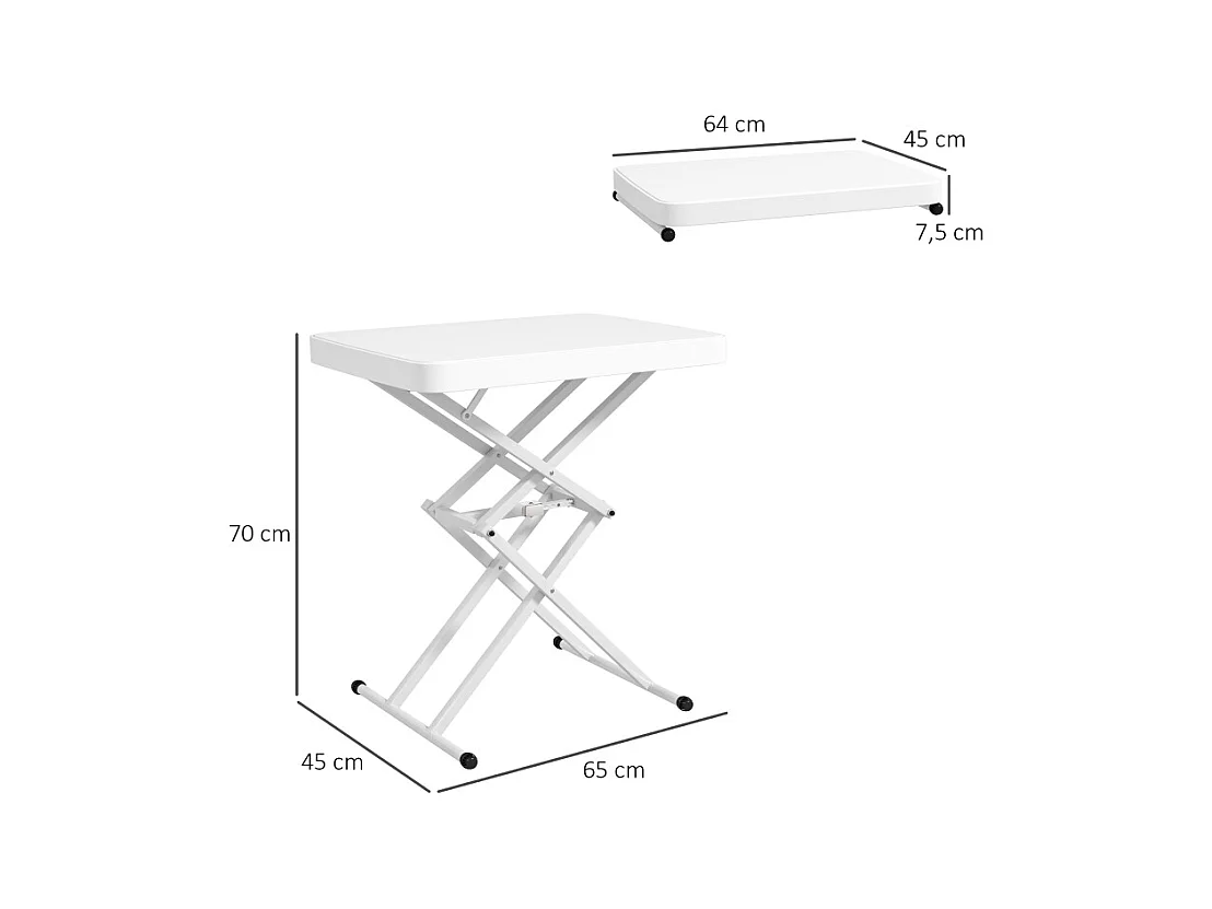 Verstelbare, opvouwbare salontafel, gemaakt van metaal en kunststof, wit, (65x45x70 cm)