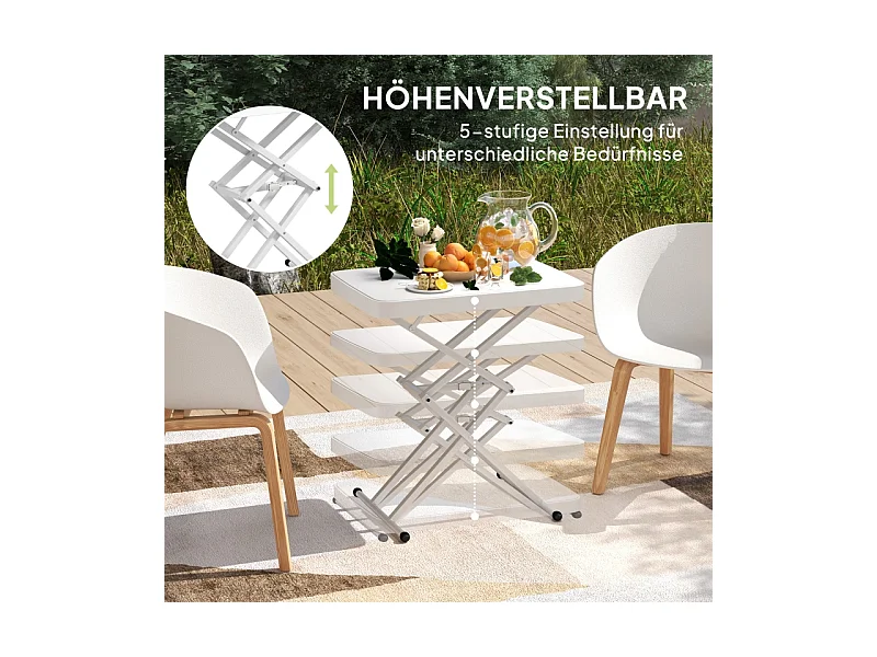 Verstelbare, opvouwbare salontafel, gemaakt van metaal en kunststof, wit, (65x45x70 cm)