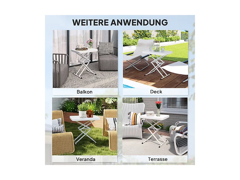 Verstelbare, opvouwbare salontafel, gemaakt van metaal en kunststof, wit, (65x45x70 cm)