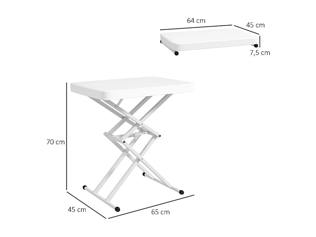 Table basse réglable, pliante, en métal et plastique, blanche, (65x45x70 cm)