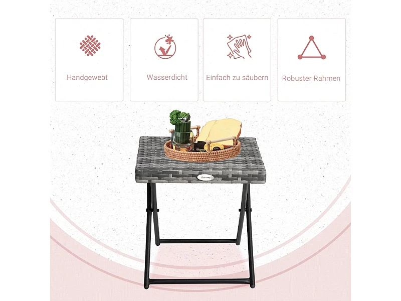 Opvouwbare rotan bijzettafel, modern design, metaal, grijs (40x40x40 cm)