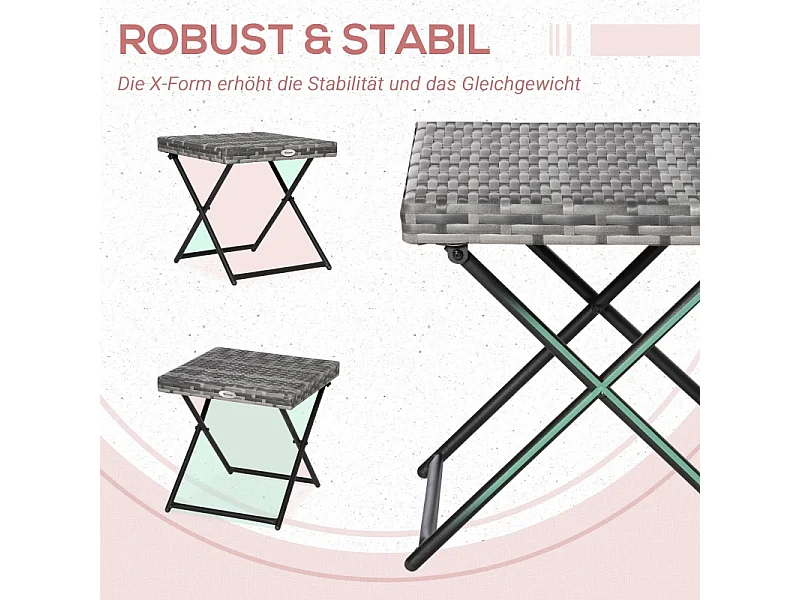 Opvouwbare rotan bijzettafel, modern design, metaal, grijs (40x40x40 cm)