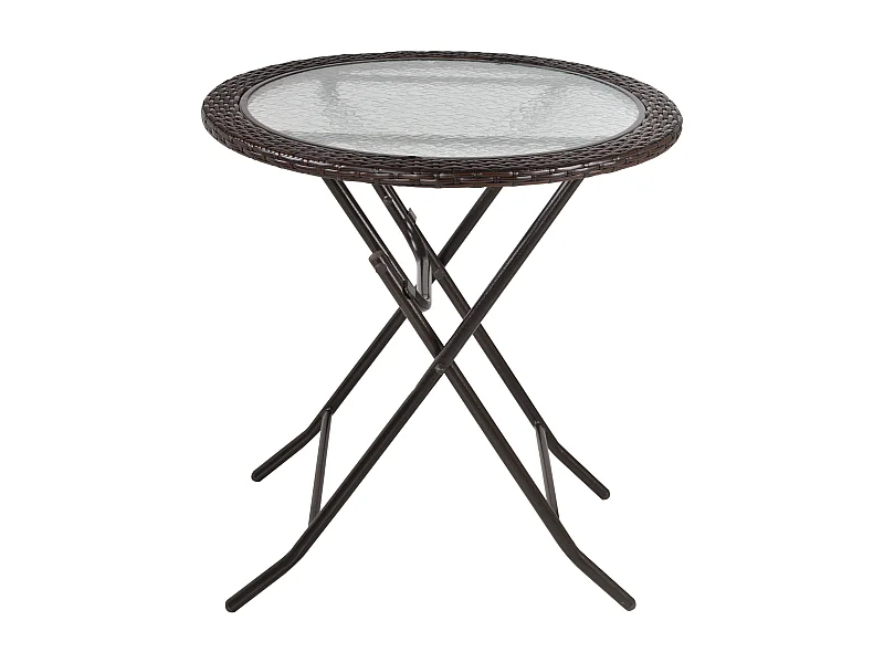 Table pliante ronde, design camping et jardin, acier et rotin synthétique, marron (Ø68x73 cm)
