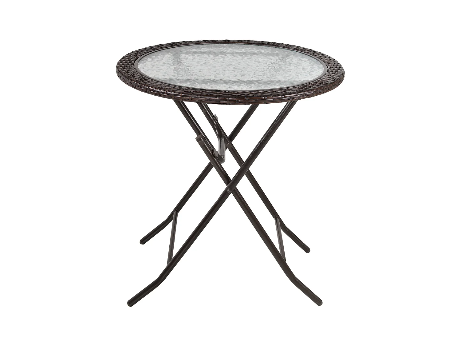 Table pliante ronde, design camping et jardin, acier et rotin synthétique, marron (Ø68x73 cm)