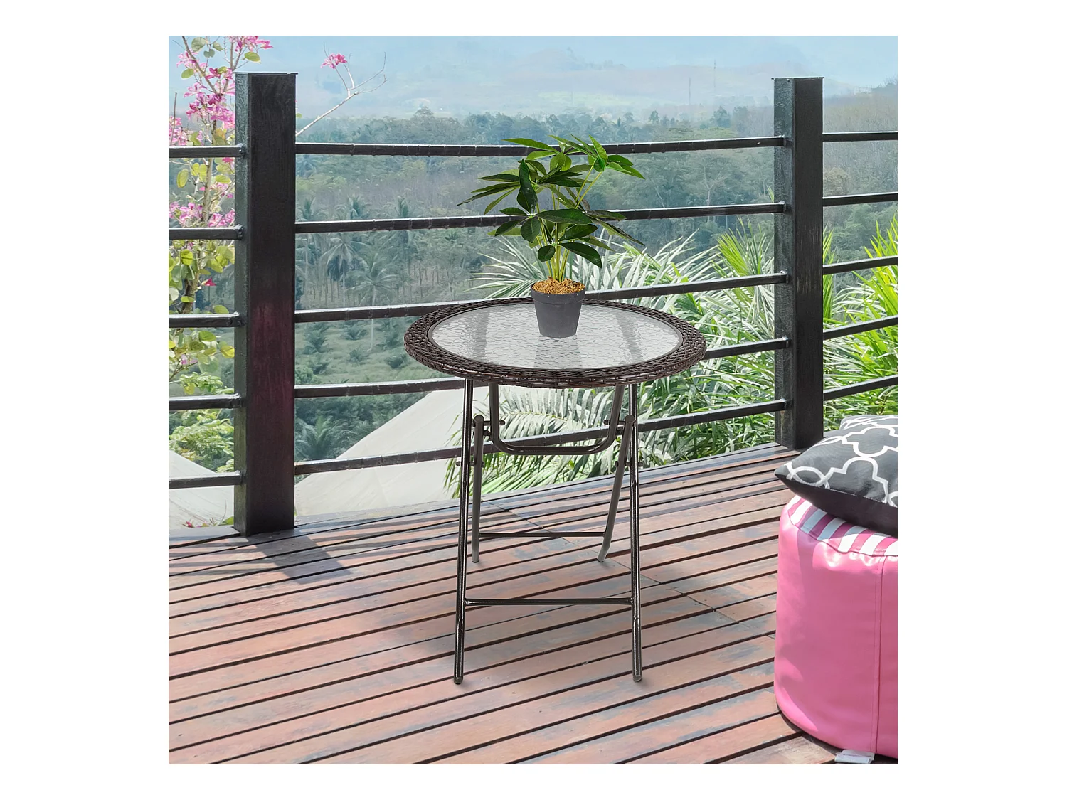 Table pliante ronde, design camping et jardin, acier et rotin synthétique, marron (Ø68x73 cm)