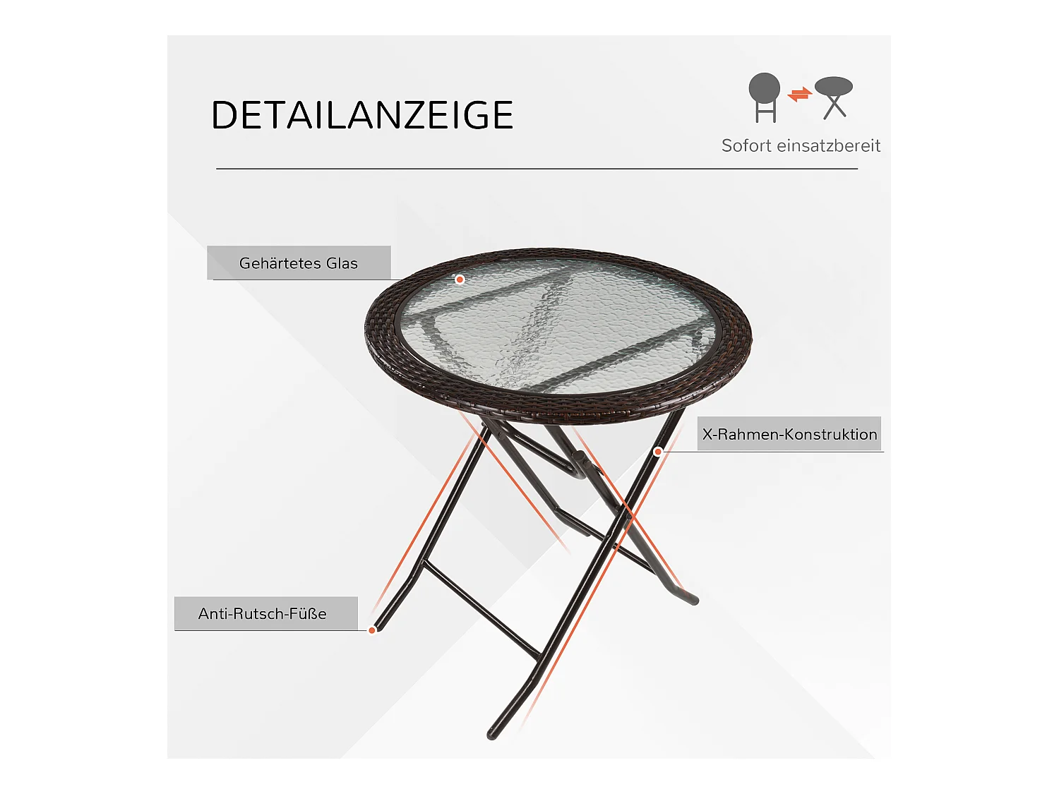 Table pliante ronde, design camping et jardin, acier et rotin synthétique, marron (Ø68x73 cm)