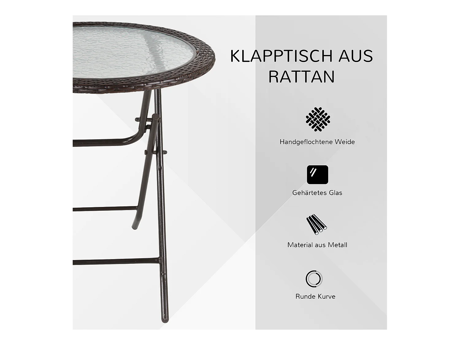 Table pliante ronde, design camping et jardin, acier et rotin synthétique, marron (Ø68x73 cm)