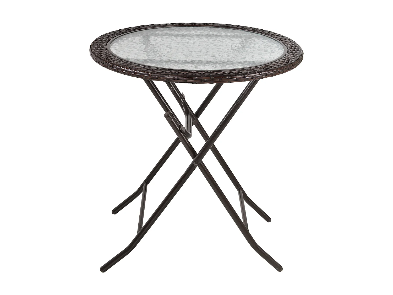 Table pliante ronde, design camping et jardin, acier et rotin synthétique, marron (Ø68x73 cm)