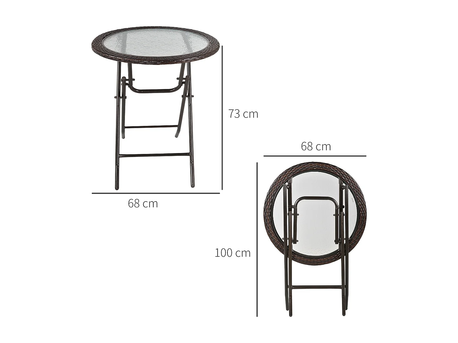 Table pliante ronde, design camping et jardin, acier et rotin synthétique, marron (Ø68x73 cm)