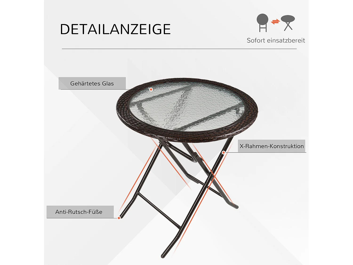 Table pliante ronde, design camping et jardin, acier et rotin synthétique, marron (Ø68x73 cm)