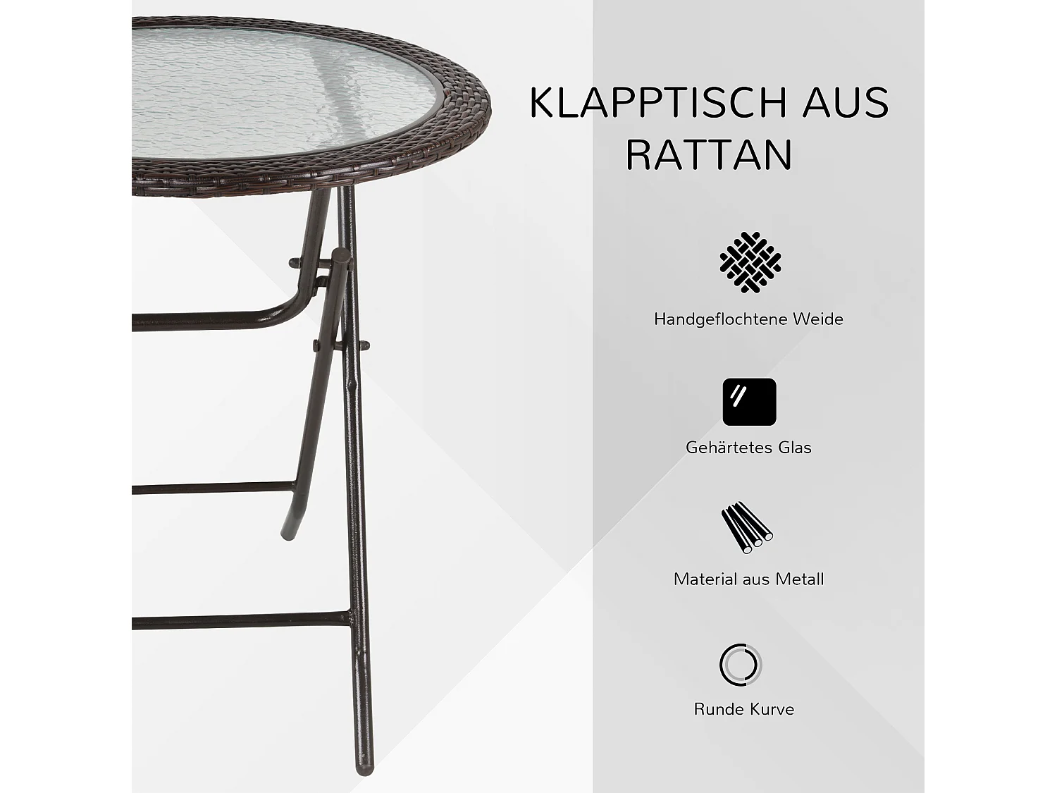 Table pliante ronde, design camping et jardin, acier et rotin synthétique, marron (Ø68x73 cm)