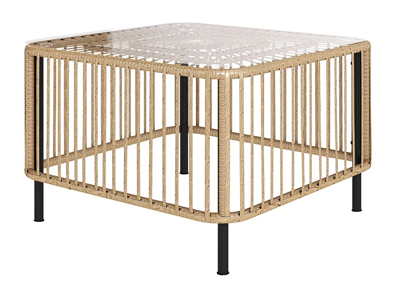 Mesa auxiliar de polirratán resistente a la intemperie, diseño elegante con tablero de cristal, para jardín, terraza o balcón (65x65x43cm)