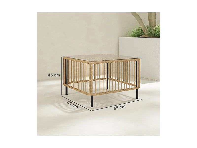 Weerbestendige polyrotan bijzettafel, elegant design met glazen blad, voor tuin, terras of balkon (65x65x43cm)