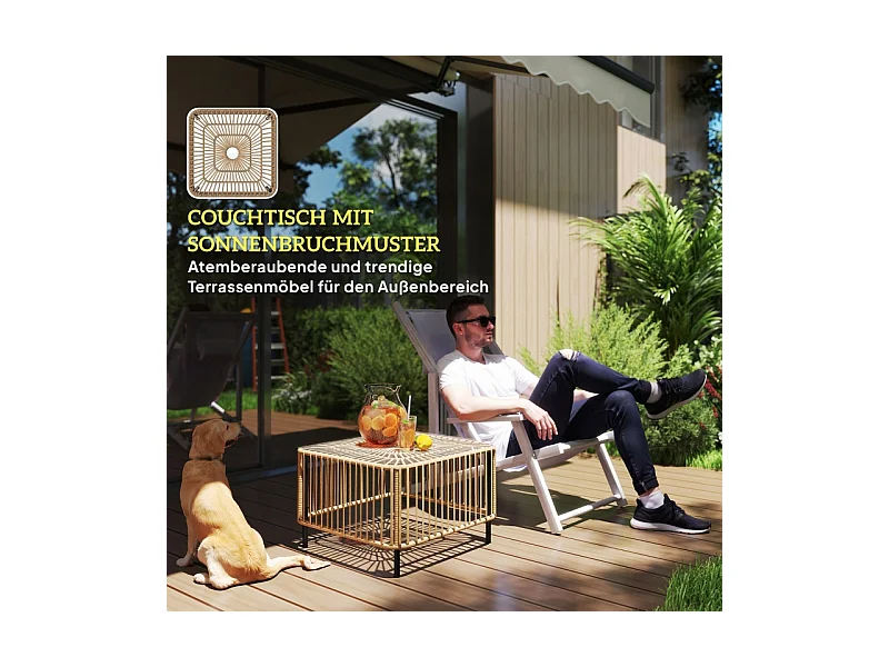 Weerbestendige polyrotan bijzettafel, elegant design met glazen blad, voor tuin, terras of balkon (65x65x43cm)