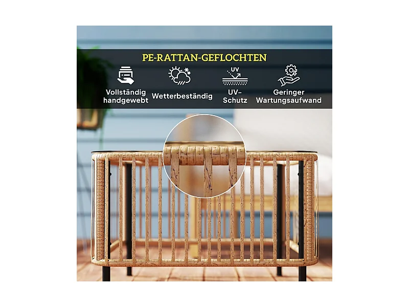 Weerbestendige polyrotan bijzettafel, elegant design met glazen blad, voor tuin, terras of balkon (65x65x43cm)