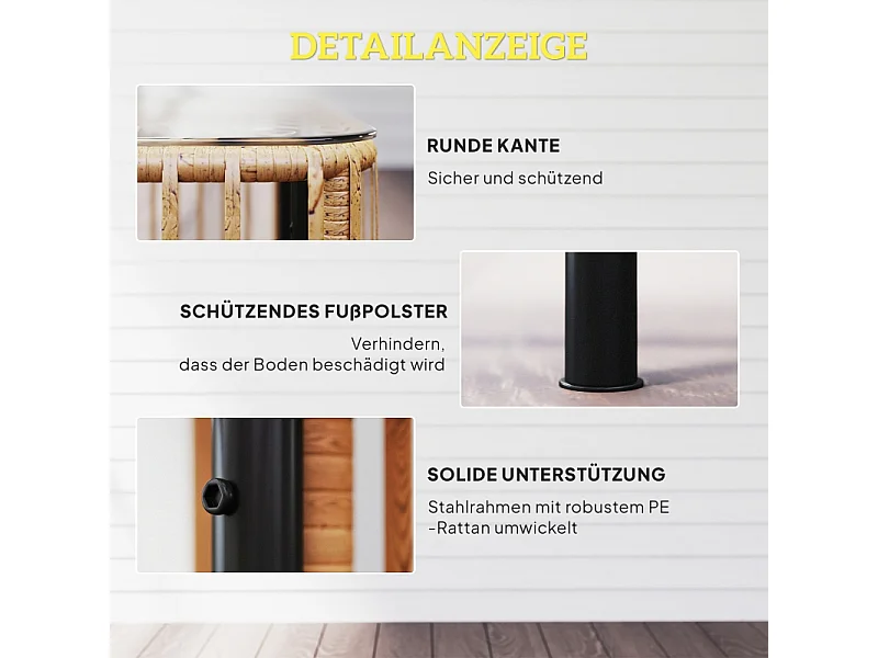 Weerbestendige polyrotan bijzettafel, elegant design met glazen blad, voor tuin, terras of balkon (65x65x43cm)
