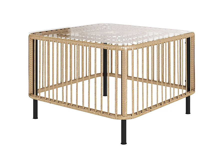 Tavolino laterale in polyrattan resistente alle intemperie, design elegante con piano in vetro, per giardino, terrazza o balcone (65x65x43cm)