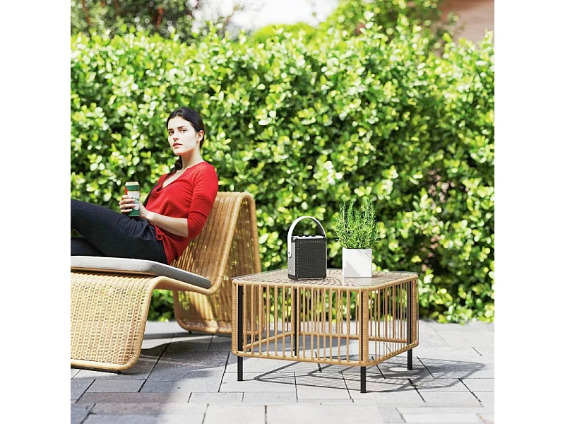 Table d'appoint en polyrotin résistant aux intempéries, design élégant avec plateau en verre, pour jardin, terrasse ou balcon (65x65x43cm)