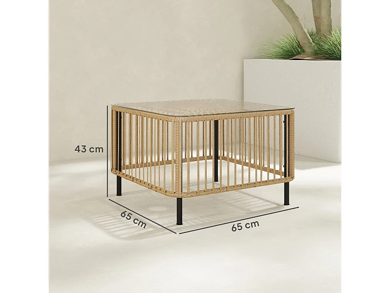 Table d'appoint en polyrotin résistant aux intempéries, design élégant avec plateau en verre, pour jardin, terrasse ou balcon (65x65x43cm)
