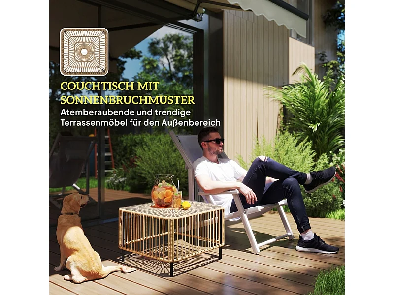 Table d'appoint en polyrotin résistant aux intempéries, design élégant avec plateau en verre, pour jardin, terrasse ou balcon (65x65x43cm)