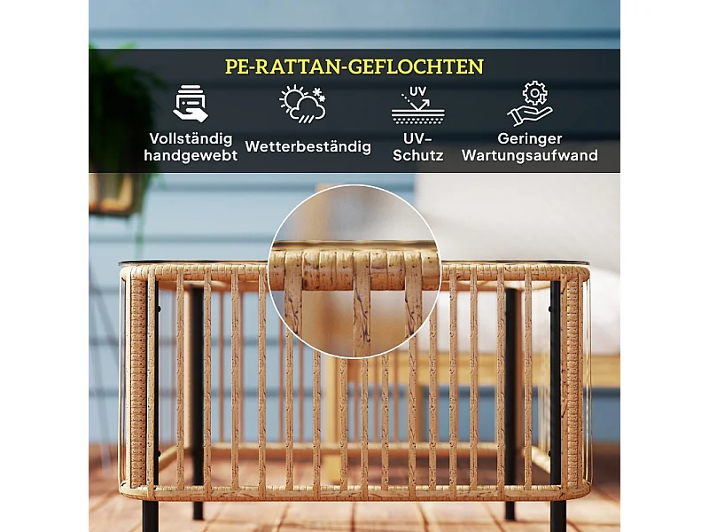 Table d'appoint en polyrotin résistant aux intempéries, design élégant avec plateau en verre, pour jardin, terrasse ou balcon (65x65x43cm)