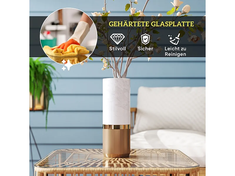 Table d'appoint en polyrotin résistant aux intempéries, design élégant avec plateau en verre, pour jardin, terrasse ou balcon (65x65x43cm)