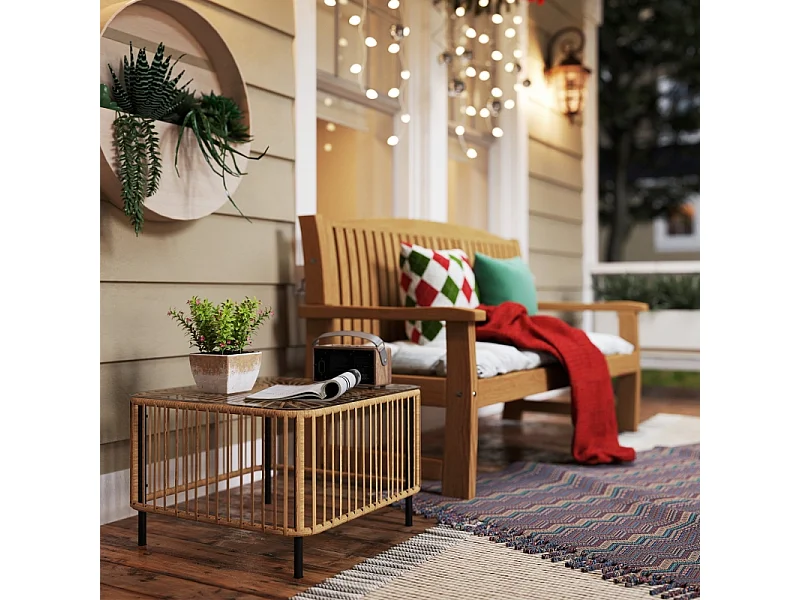 Table d'appoint en polyrotin résistant aux intempéries, design élégant avec plateau en verre, pour jardin, terrasse ou balcon (65x65x43cm)