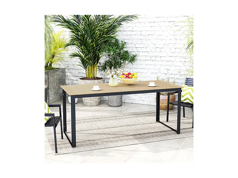 Metalen tuintafel met houtlook, lamellendesign, zwart, (175x78x75 cm)