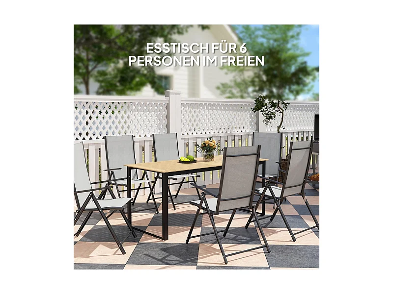 Metalen tuintafel met houtlook, lamellendesign, zwart, (175x78x75 cm)