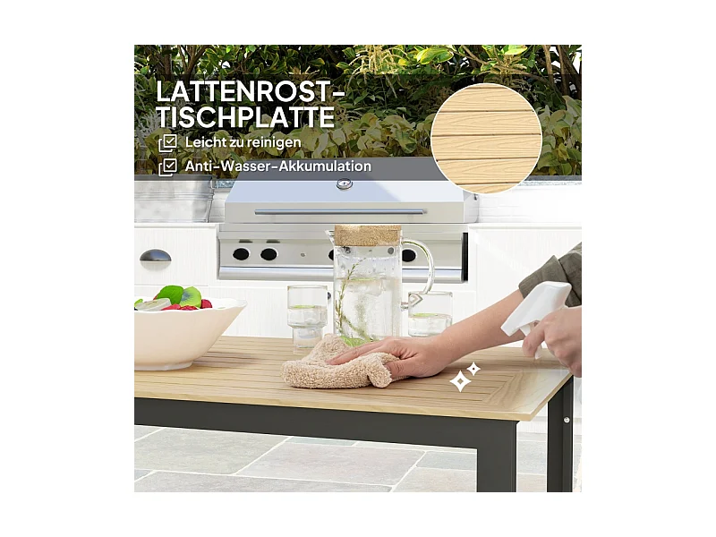 Metalen tuintafel met houtlook, lamellendesign, zwart, (175x78x75 cm)