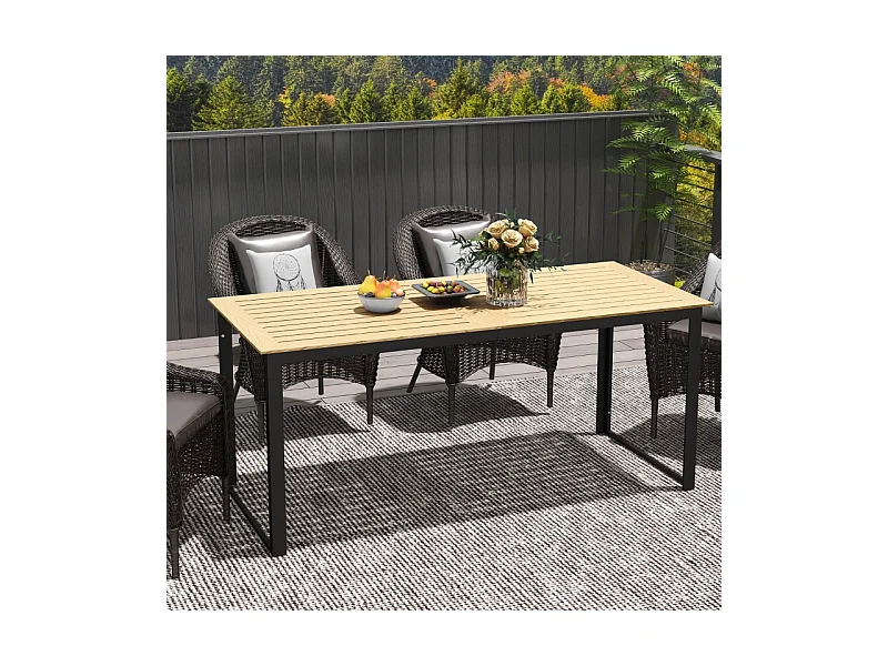 Metalen tuintafel met houtlook, lamellendesign, zwart, (175x78x75 cm)