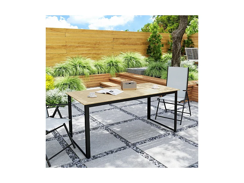 Metalen tuintafel met houtlook, lamellendesign, zwart, (175x78x75 cm)