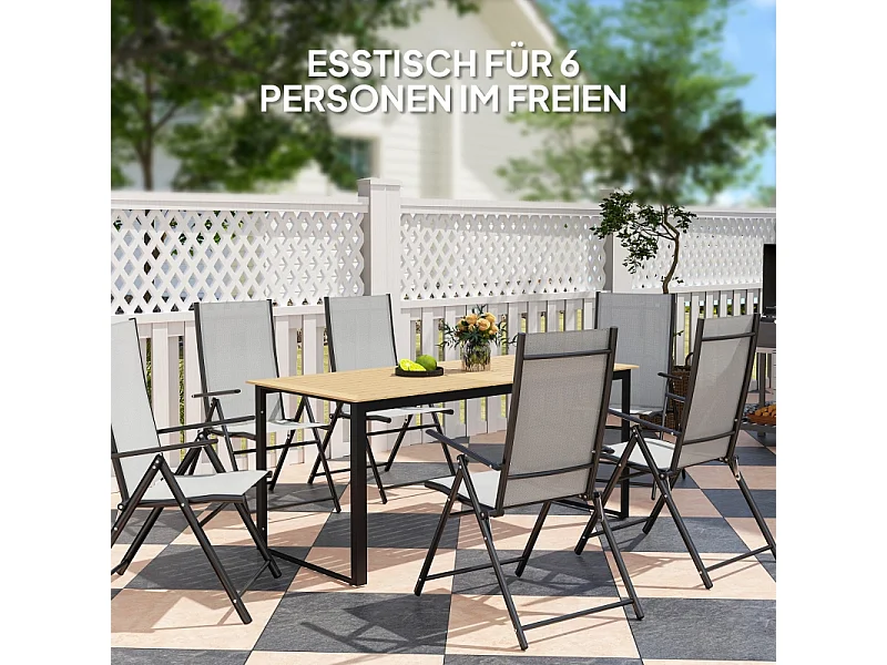 Table de jardin en métal avec effet bois, design lamelles, noire, (175x78x75 cm)