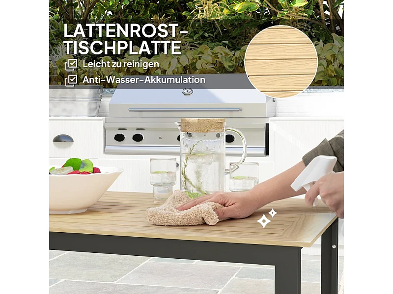 Table de jardin en métal avec effet bois, design lamelles, noire, (175x78x75 cm)