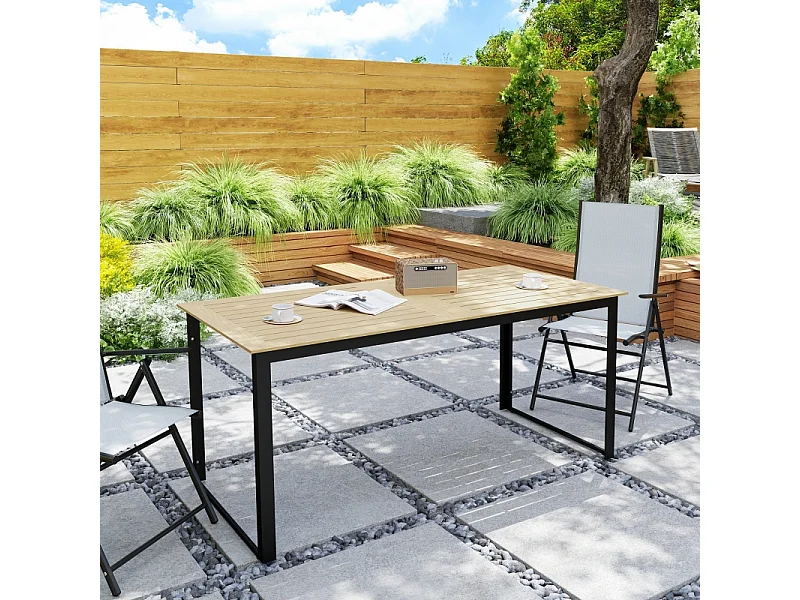 Table de jardin en métal avec effet bois, design lamelles, noire, (175x78x75 cm)