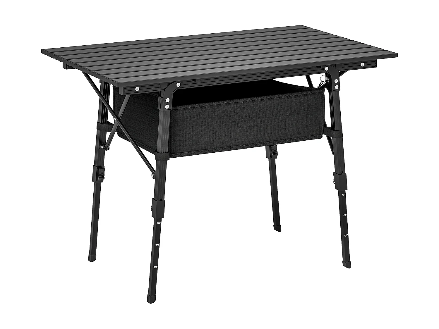 Table de camping pliable avec panier de rangement, hauteur réglable, aluminium, noir (90x55x45-66 cm)