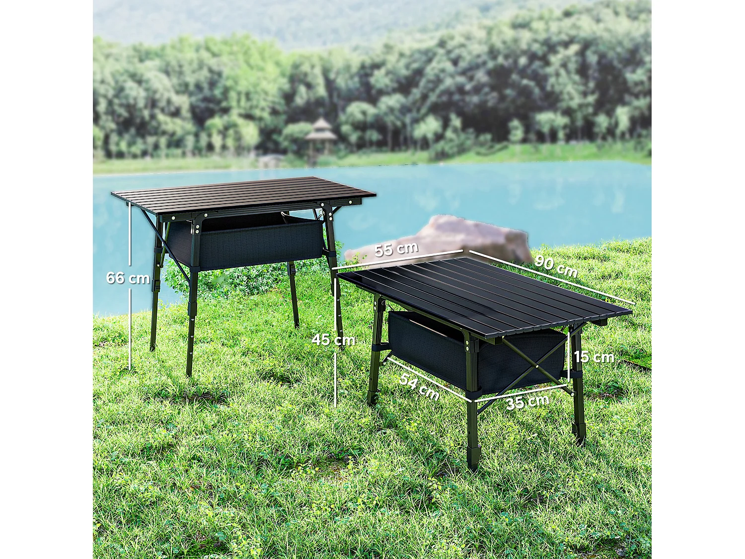 Table de camping pliable avec panier de rangement, hauteur réglable, aluminium, noir (90x55x45-66 cm)