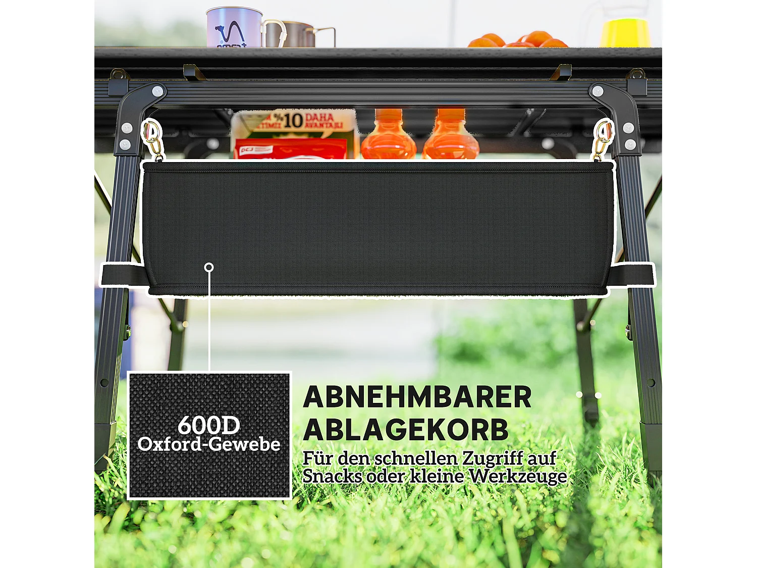 Table de camping pliable avec panier de rangement, hauteur réglable, aluminium, noir (90x55x45-66 cm)