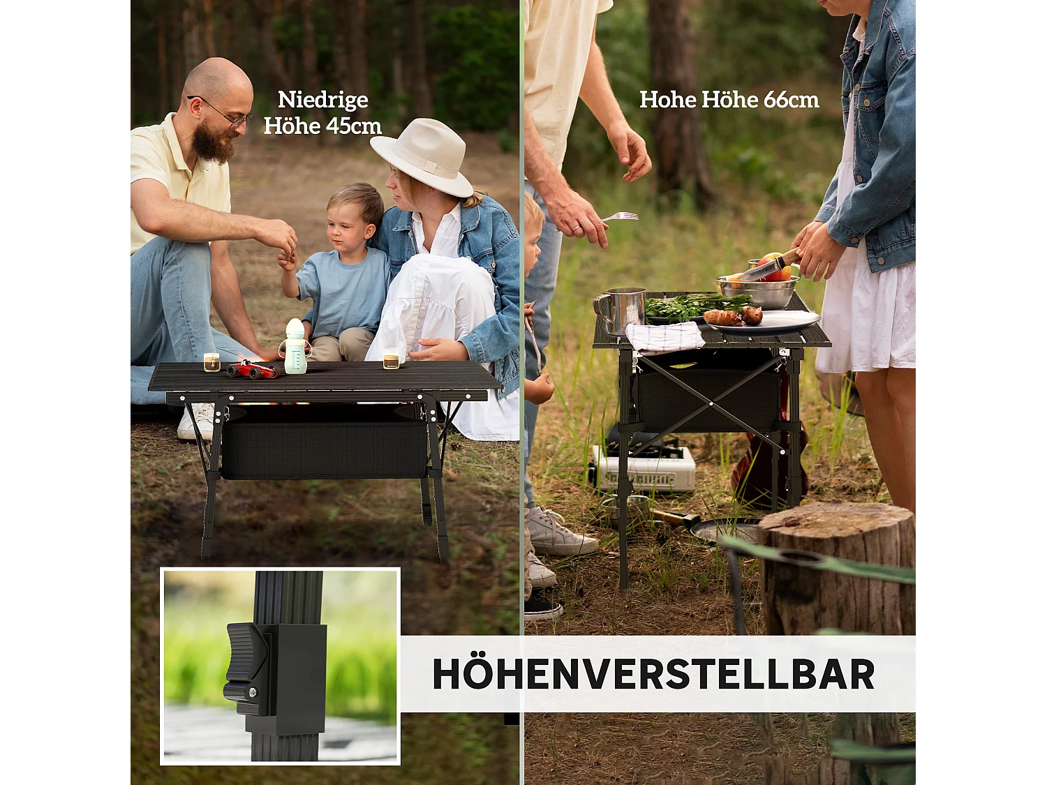 Table de camping pliable avec panier de rangement, hauteur réglable, aluminium, noir (90x55x45-66 cm)