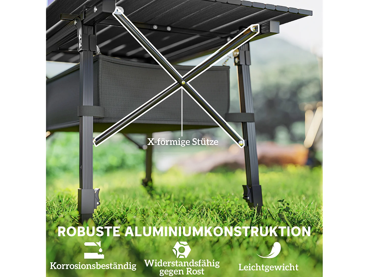 Table de camping pliable avec panier de rangement, hauteur réglable, aluminium, noir (90x55x45-66 cm)