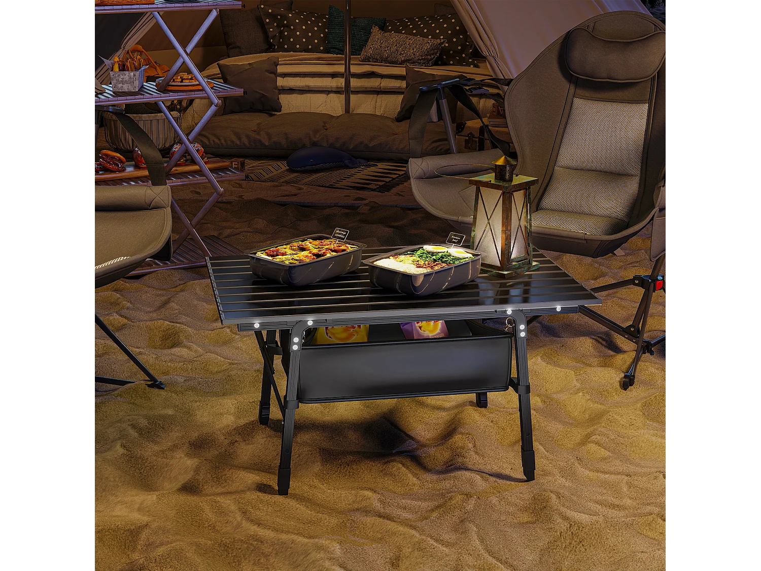 Table de camping pliable avec panier de rangement, hauteur réglable, aluminium, noir (90x55x45-66 cm)