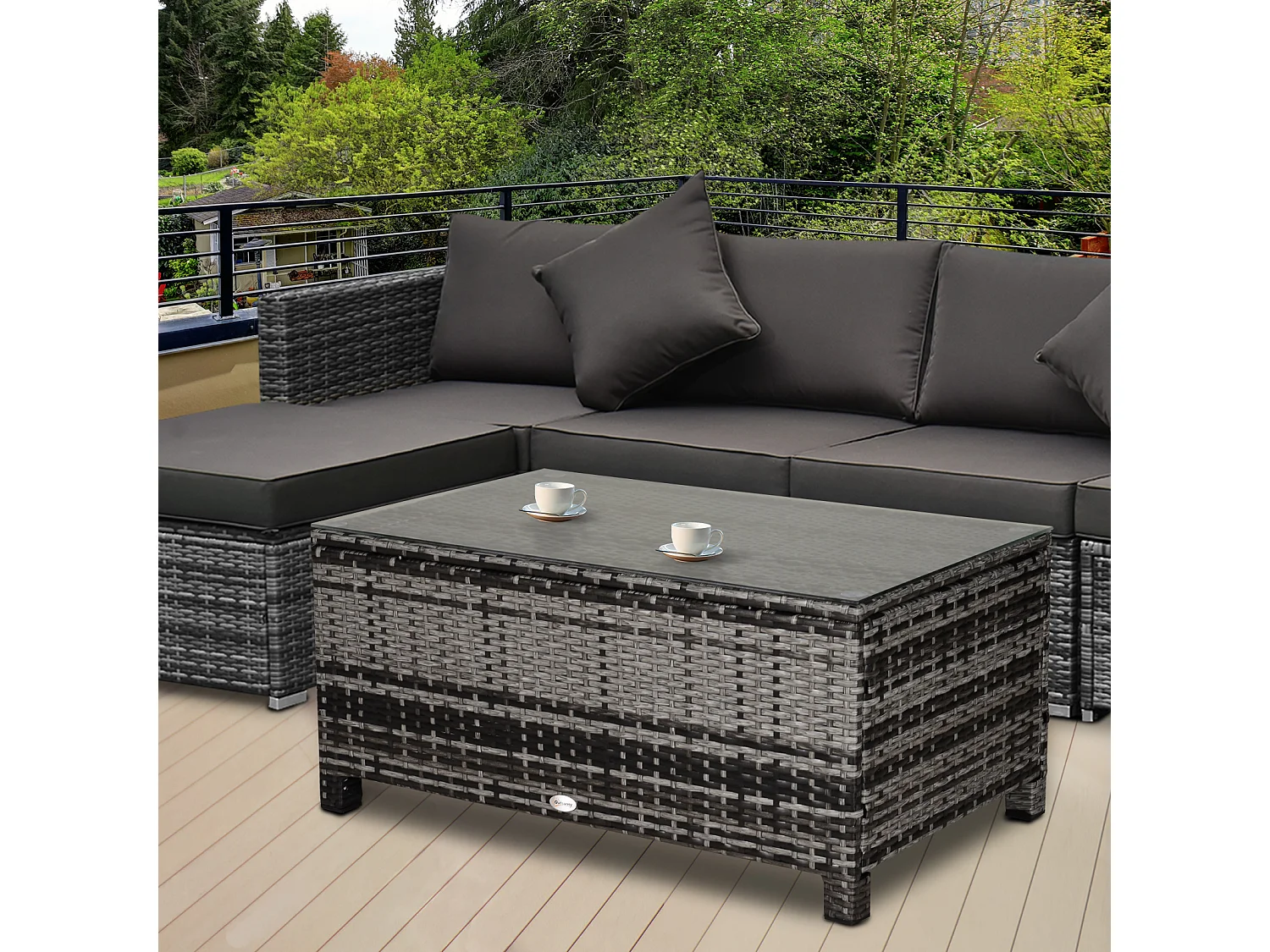Rechthoekige tuinsalontafel, grijs polyrotan, gehard glazen blad, voor terras & balkon (85x50x39cm)