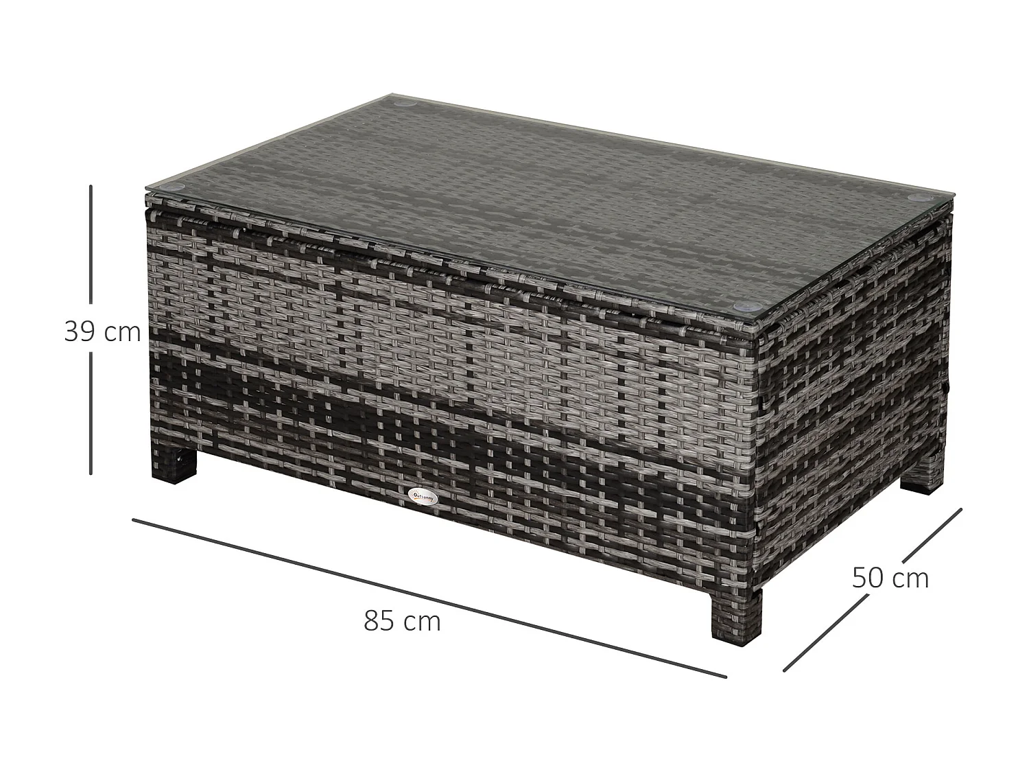 Rechthoekige tuinsalontafel, grijs polyrotan, gehard glazen blad, voor terras & balkon (85x50x39cm)